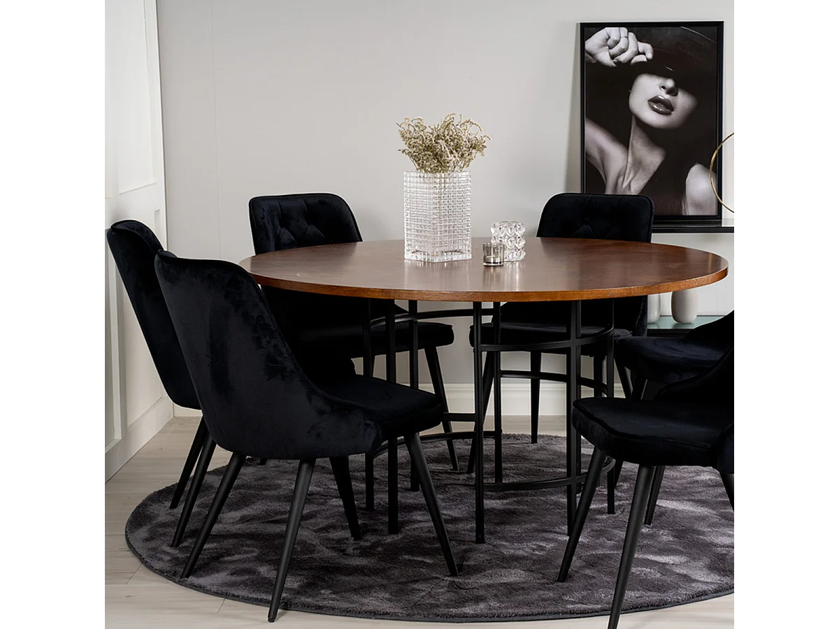 Ensemble Table à Manger & 6 Chaises "Copenhagen & Velvet" 140cm Noir & Marron