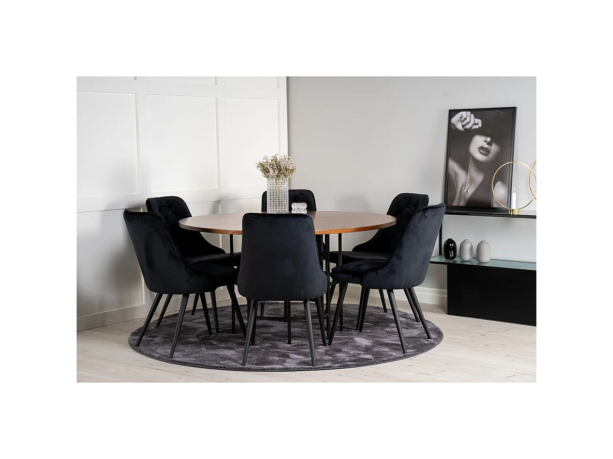 Ensemble Table à Manger & 6 Chaises "Copenhagen & Velvet" 140cm Noir & Marron