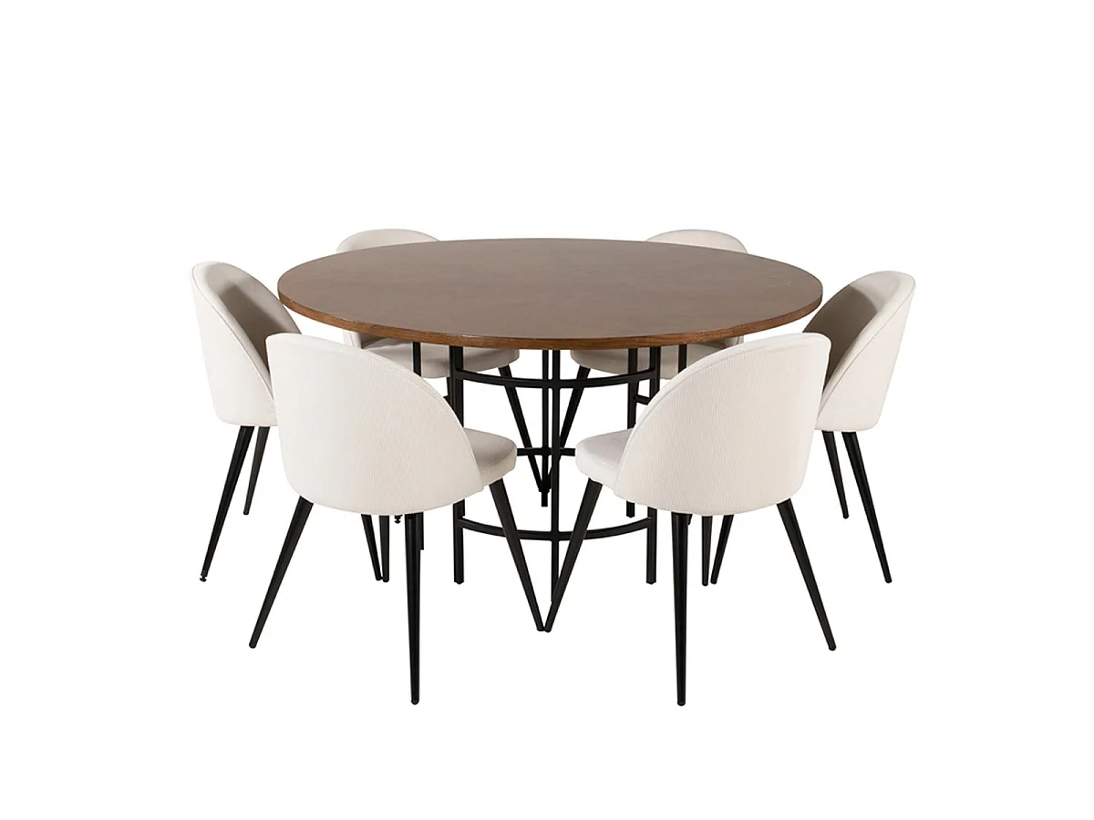 Ensemble Table à Manger & 6 Chaises "Copenhagen & Velvet" 140cm Crème & Marron