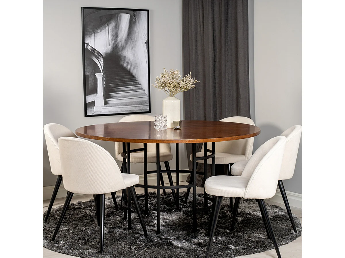 Ensemble Table à Manger & 6 Chaises "Copenhagen & Velvet" 140cm Crème & Marron
