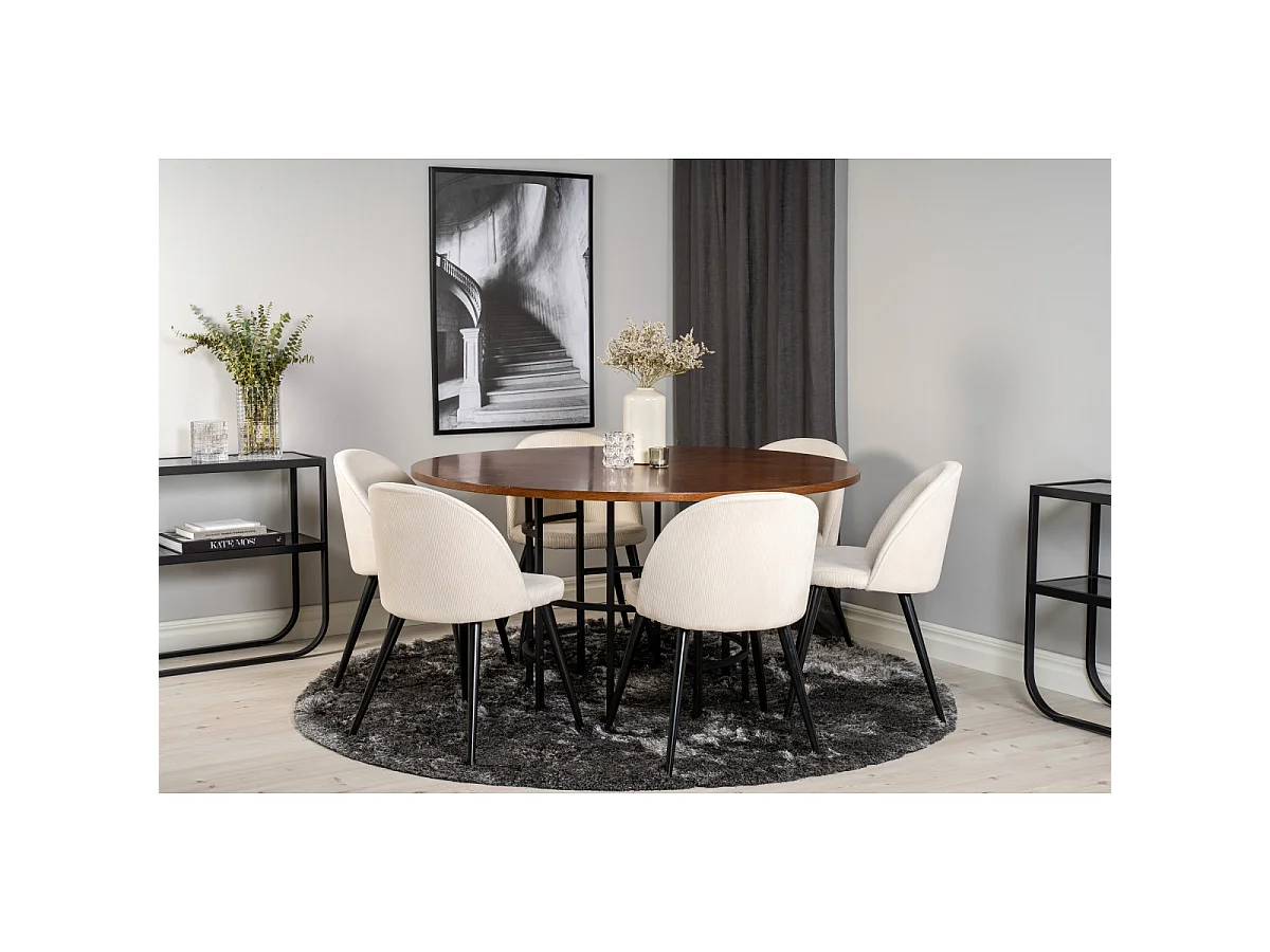 Ensemble Table à Manger & 6 Chaises "Copenhagen & Velvet" 140cm Crème & Marron