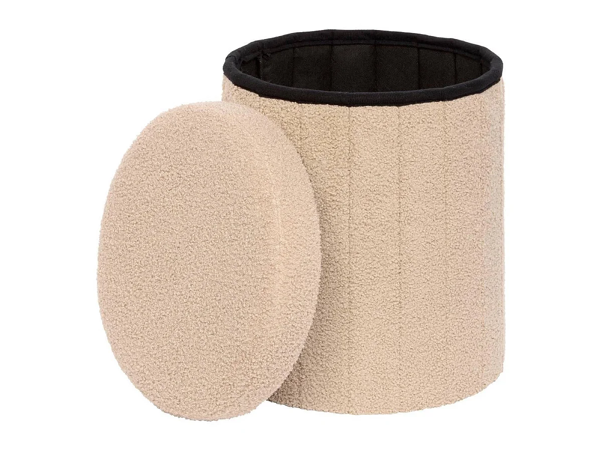 Pouf Coffre Rond Bouclette "Jaiko" 38cm Beige