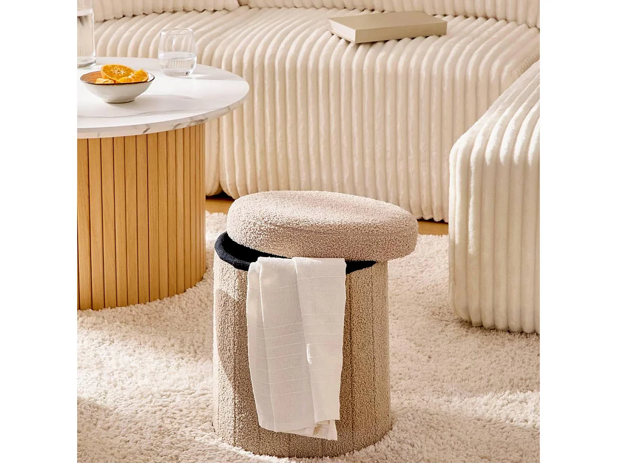 Pouf Coffre Rond Bouclette "Jaiko" 38cm Beige