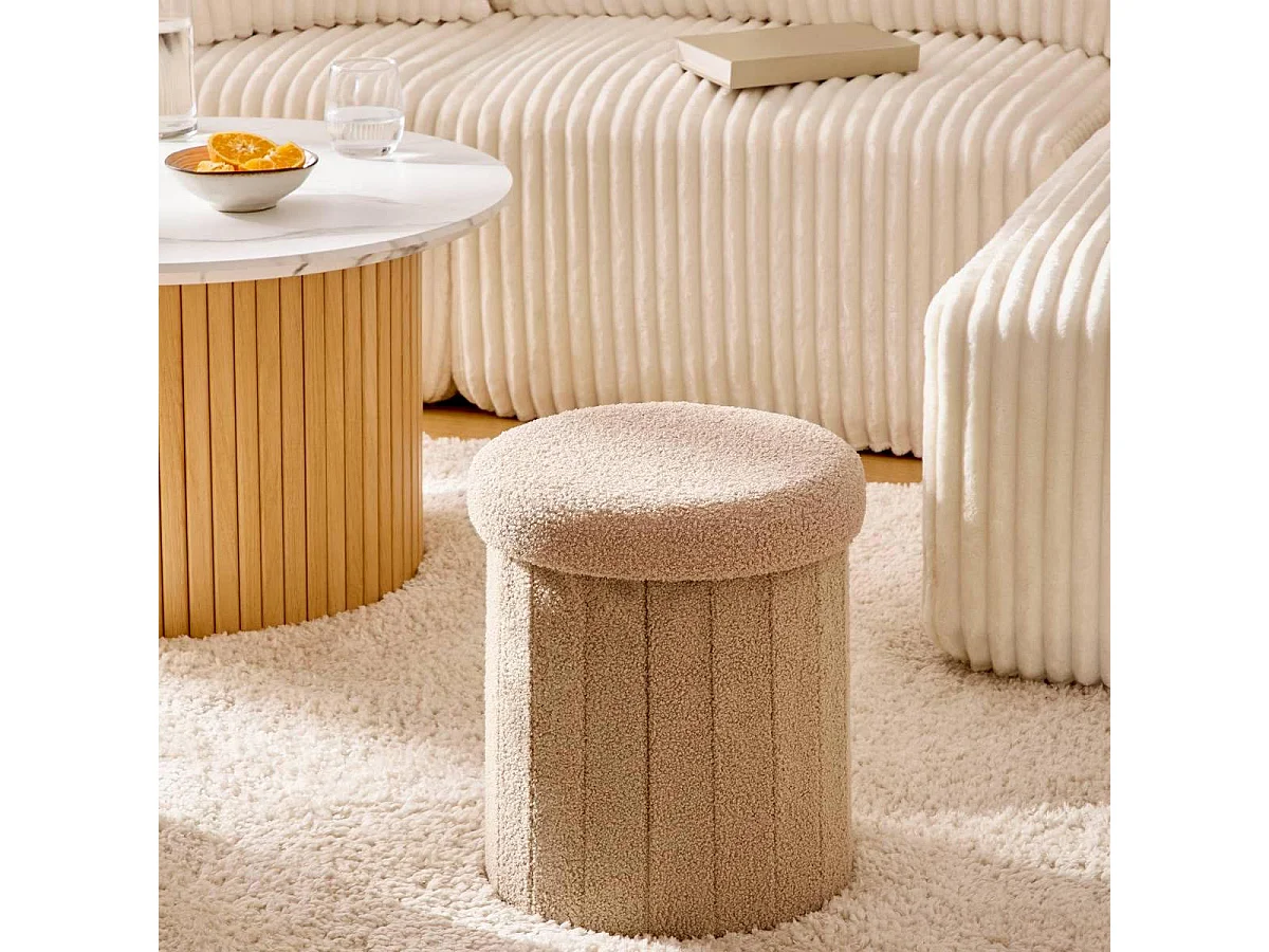 Pouf Coffre Rond Bouclette "Jaiko" 38cm Beige