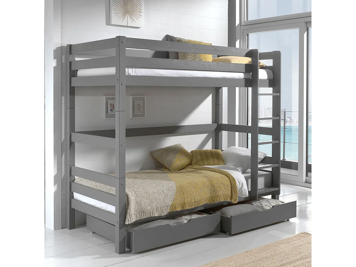 Pack - Lit Superposé Enfant & 2 Tiroirs "Pino III" Gris