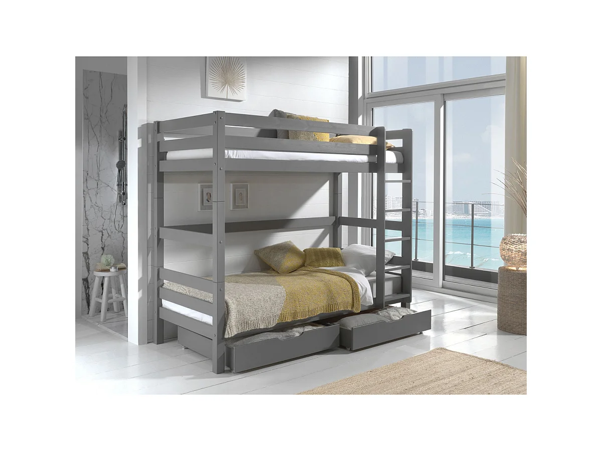 Pack - Lit Superposé Enfant & 2 Tiroirs "Pino III" Gris