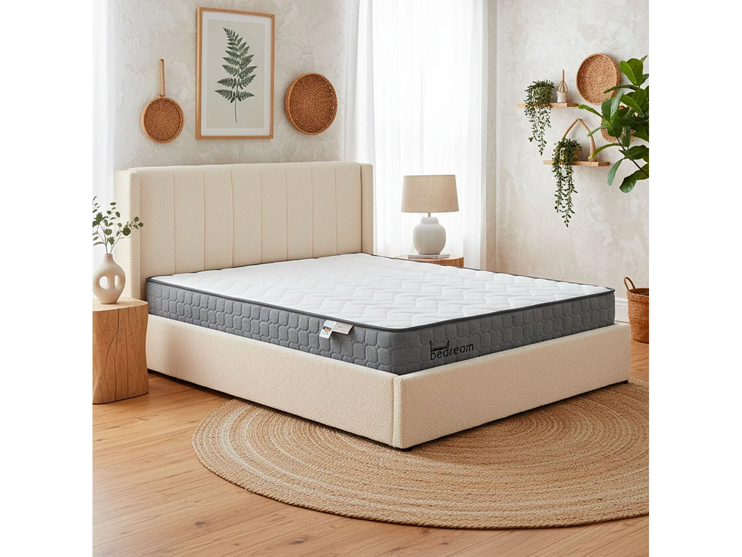 Pack Lit-coffre Magorial + Matelas Bedream 180x200cm Tissu bouclette Crème