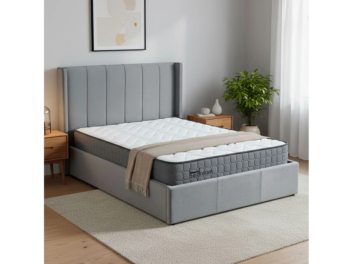 Pack Lit-coffre Magorial + Matelas Bedream 140x190cm Velours Gris