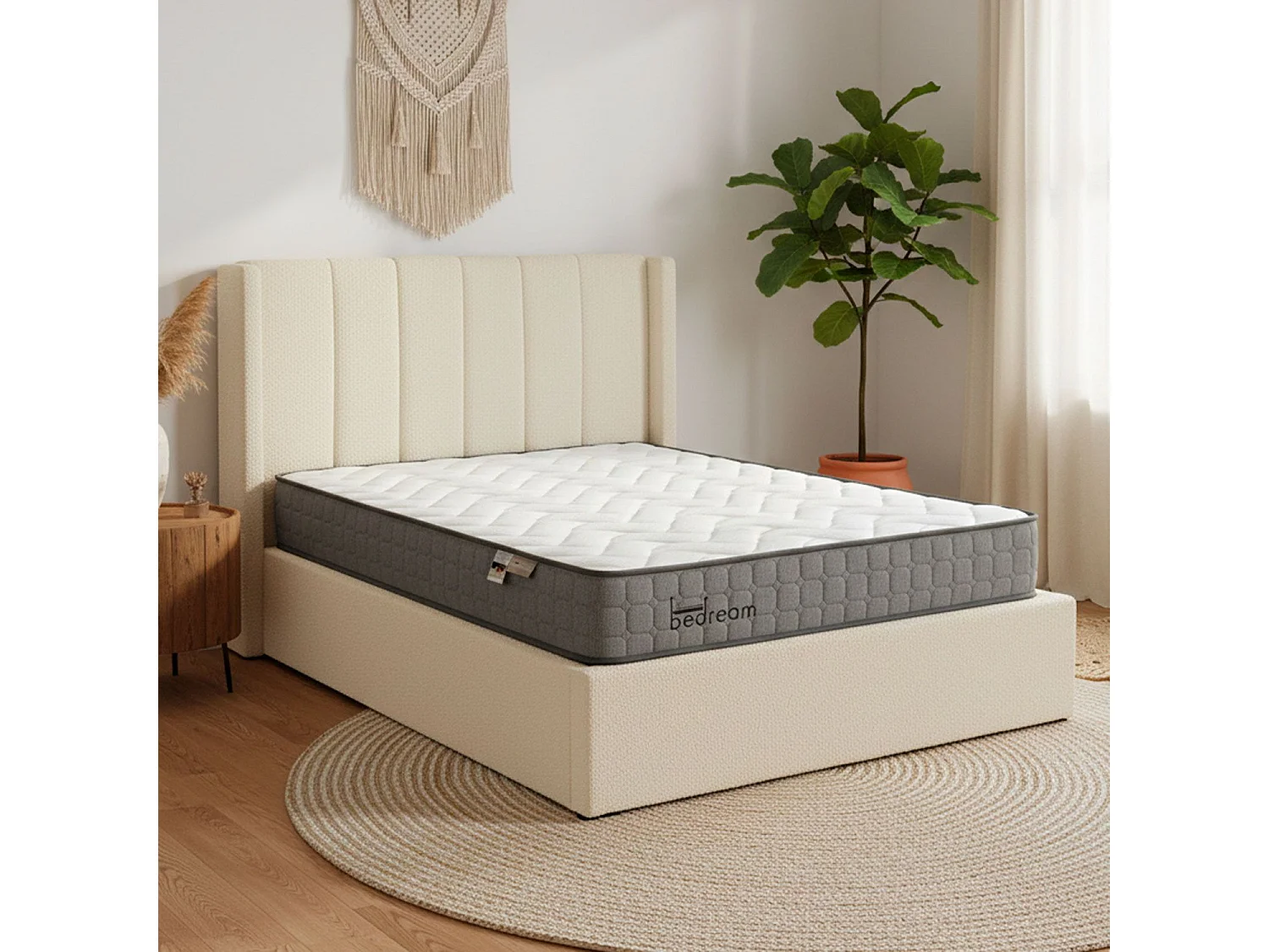 Pack Lit-coffre Magorial + Matelas Bedream 140x190cm Tissu bouclette Crème