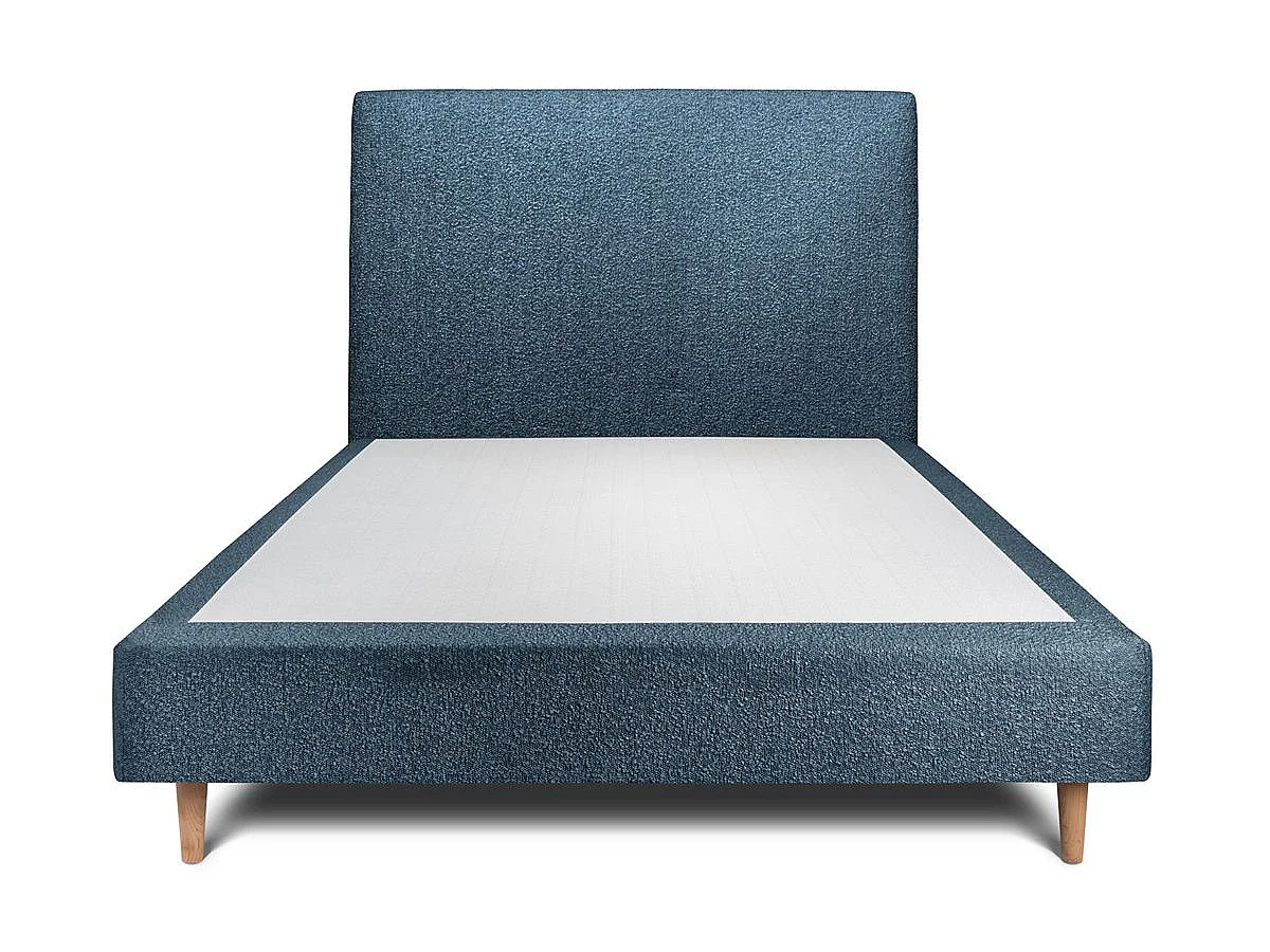 Lit 160x200cm avec tête de lit tapissier bouclette et sommier tapissier Bleu - Hauteur totale : 35cm