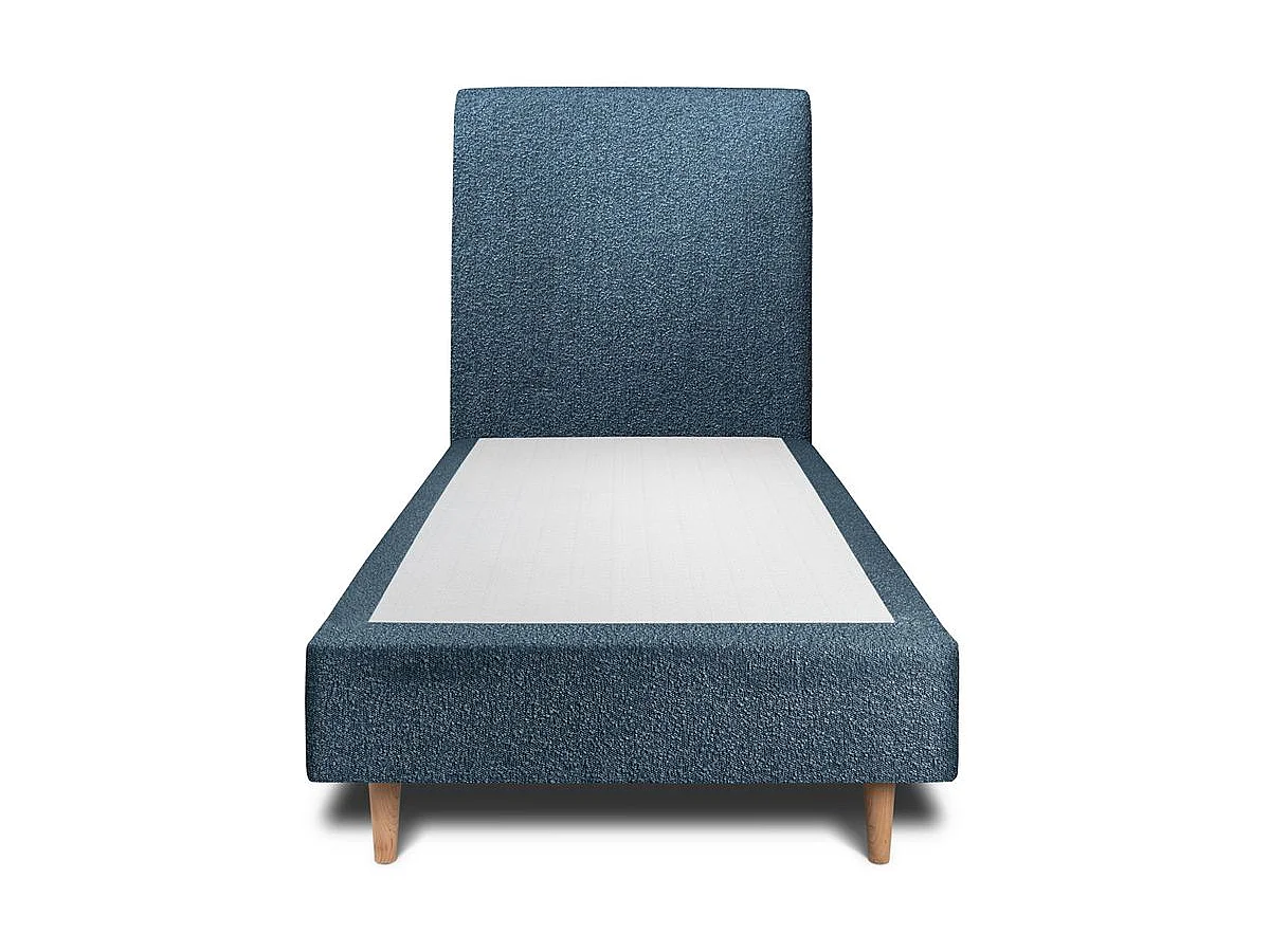 Lit 90x190cm avec tête de lit tapissier bouclette et sommier tapissier Bleu - Hauteur totale : 35cm