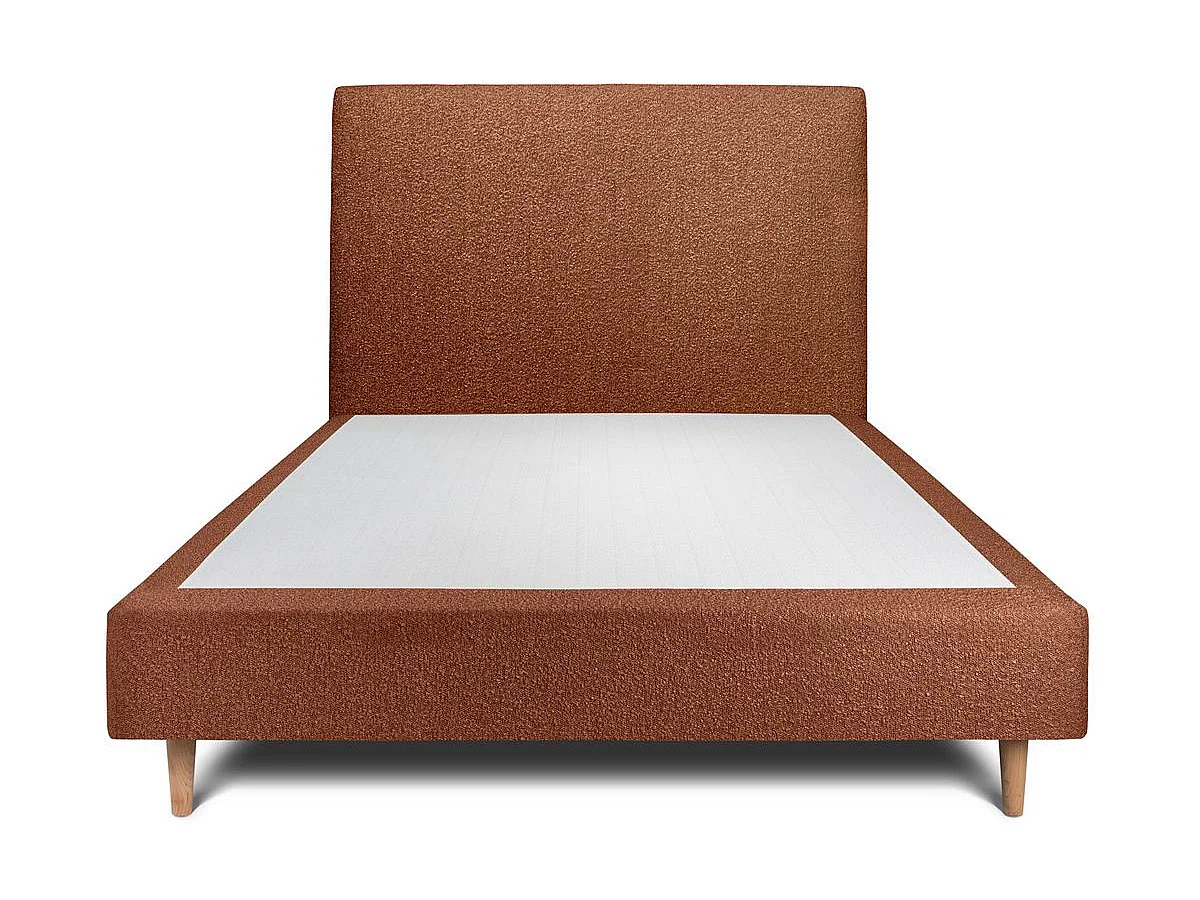 Lit 150x190cm avec tête de lit tapissier bouclette et sommier tapissier terracotta - Hauteur totale : 35cm