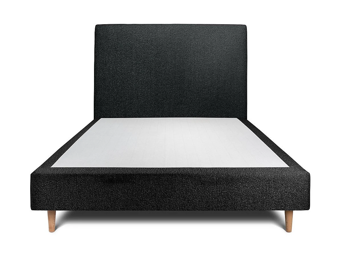 Lit 150x190cm avec tête de lit tapissier bouclette et sommier tapissier Noir - Hauteur totale : 35cm