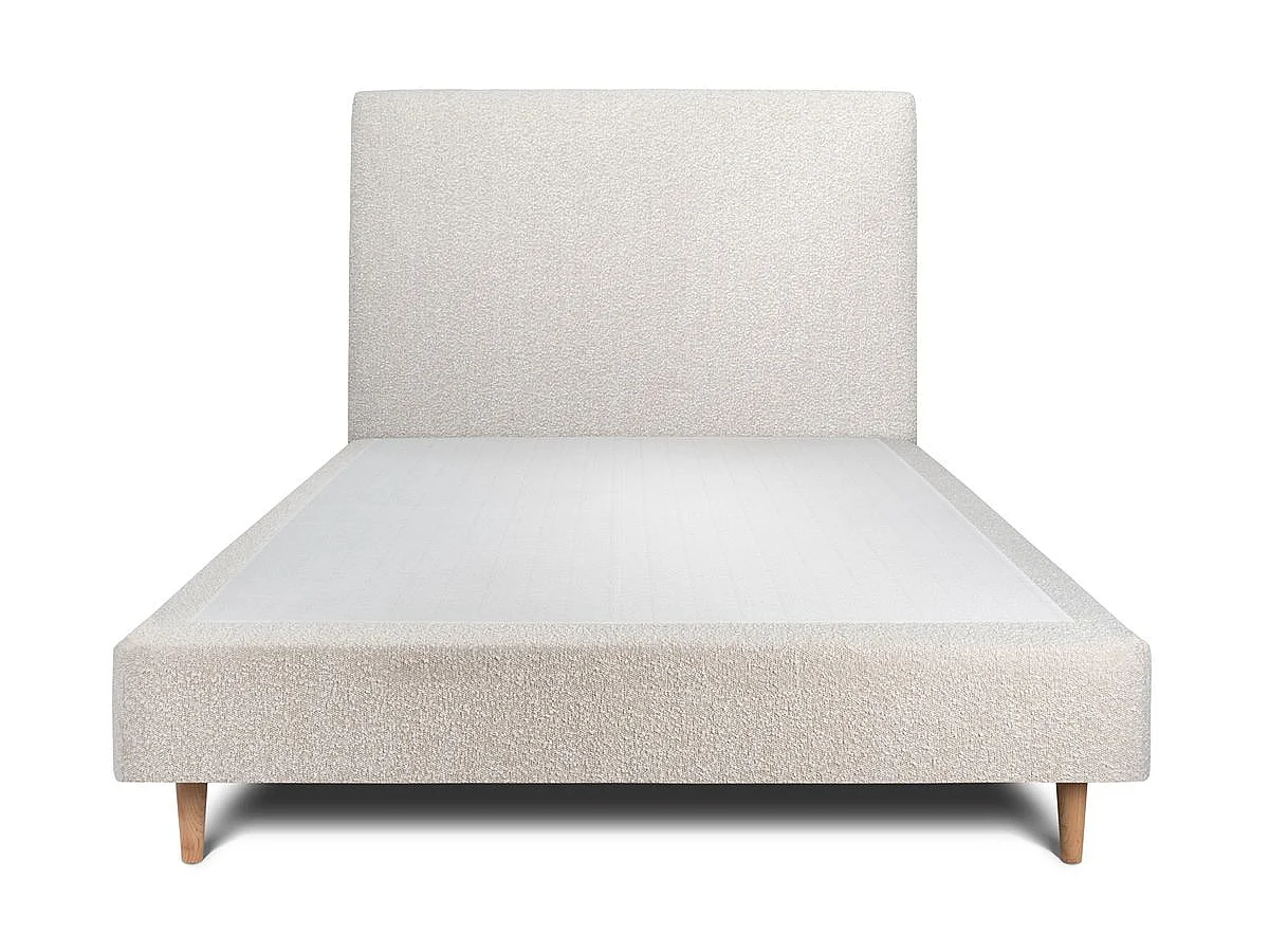 Lit 150x190cm avec tête de lit tapissier bouclette et sommier tapissier beige - Hauteur totale : 35cm