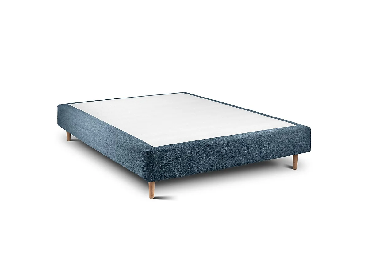 Lit 150x190cm avec tête de lit tapissier bouclette et sommier tapissier Bleu - Hauteur totale : 35cm