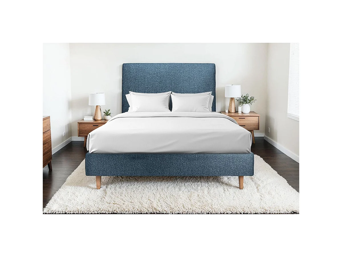 Lit 150x200cm avec tête de lit tapissier bouclette et sommier tapissier Bleu - Hauteur totale : 35cm