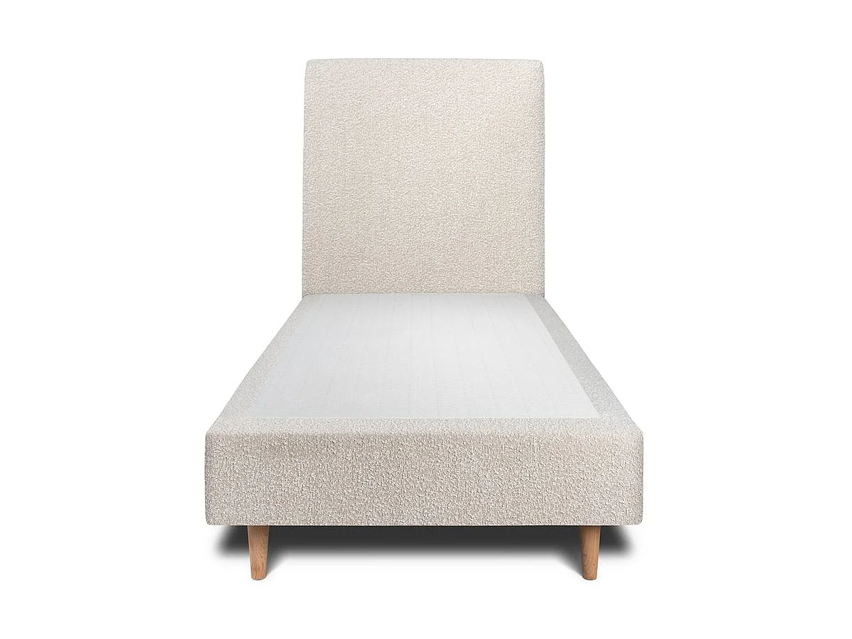 Lit 90x190cm avec tête de lit tapissier bouclette et sommier tapissier beige - Hauteur totale : 35cm