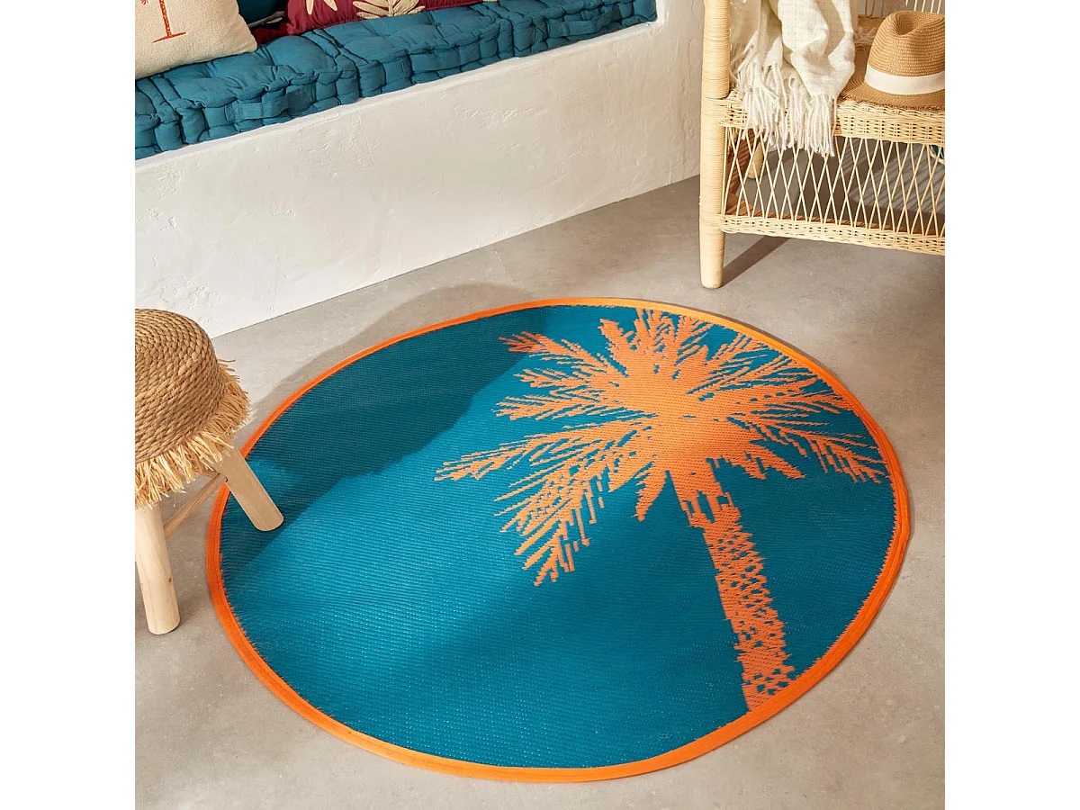 Tapis Déco Palmier "Yucatan" 120cm Bleu Canard