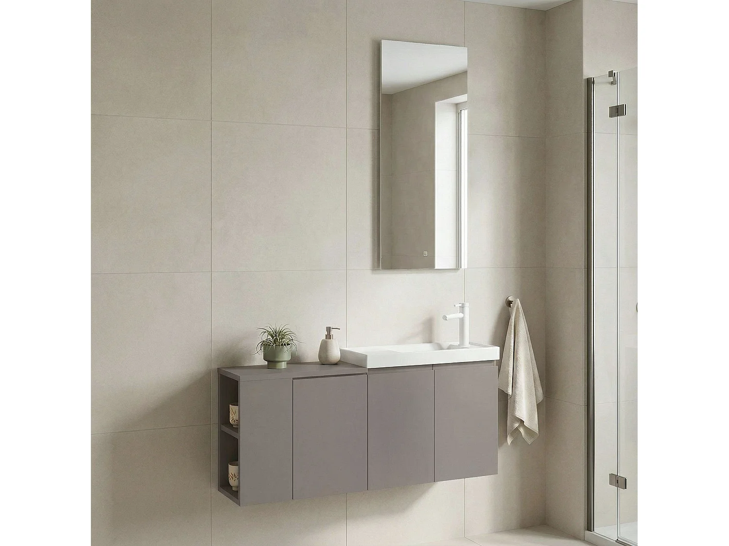 Wastafelmeubel met spiegel (2-delig) "Ferla 110" - 110 x 22 x 45 cm - Matte Mink