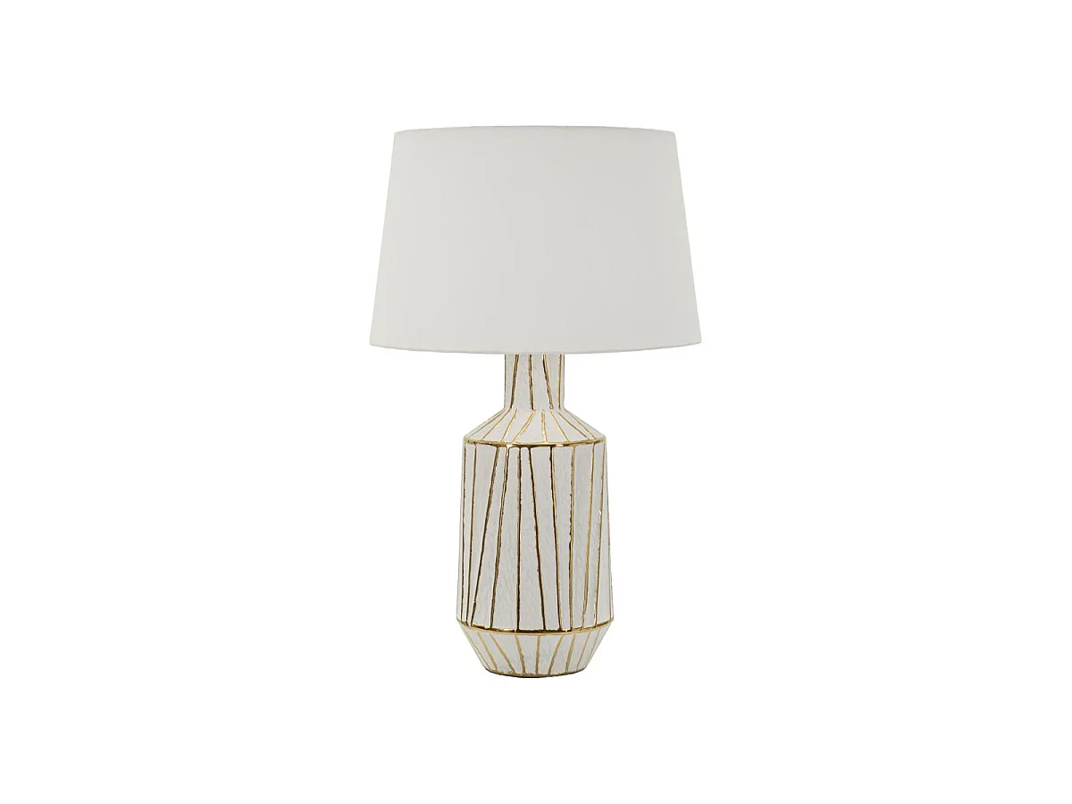 Abajur de mesa moderno Tangier - Base de cerâmica branca com detalhes dourados, cúpula de tecido, soquete E27 - 45x45x73 cm