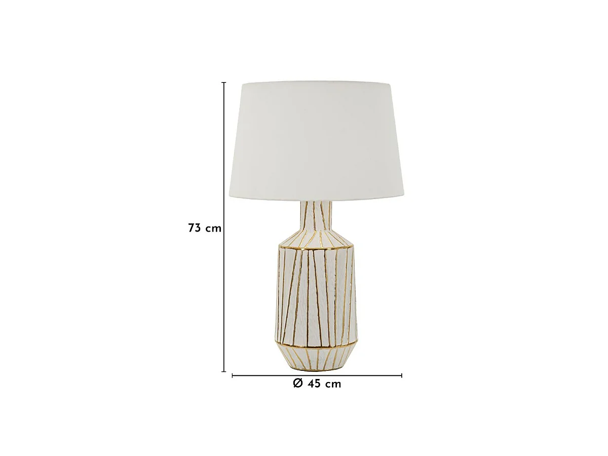 Abajur de mesa moderno Tangier - Base de cerâmica branca com detalhes dourados, cúpula de tecido, soquete E27 - 45x45x73 cm
