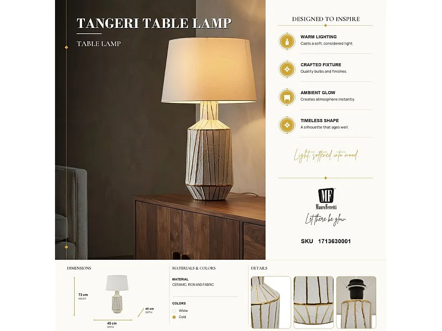 Abajur de mesa moderno Tangier - Base de cerâmica branca com detalhes dourados, cúpula de tecido, soquete E27 - 45x45x73 cm