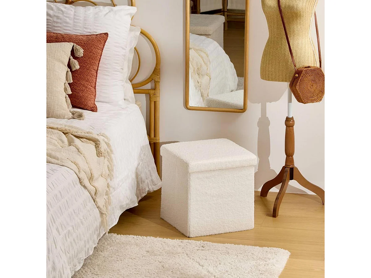 Pouf Coffre Carré Bouclette "Jaiko" 38cm Blanc