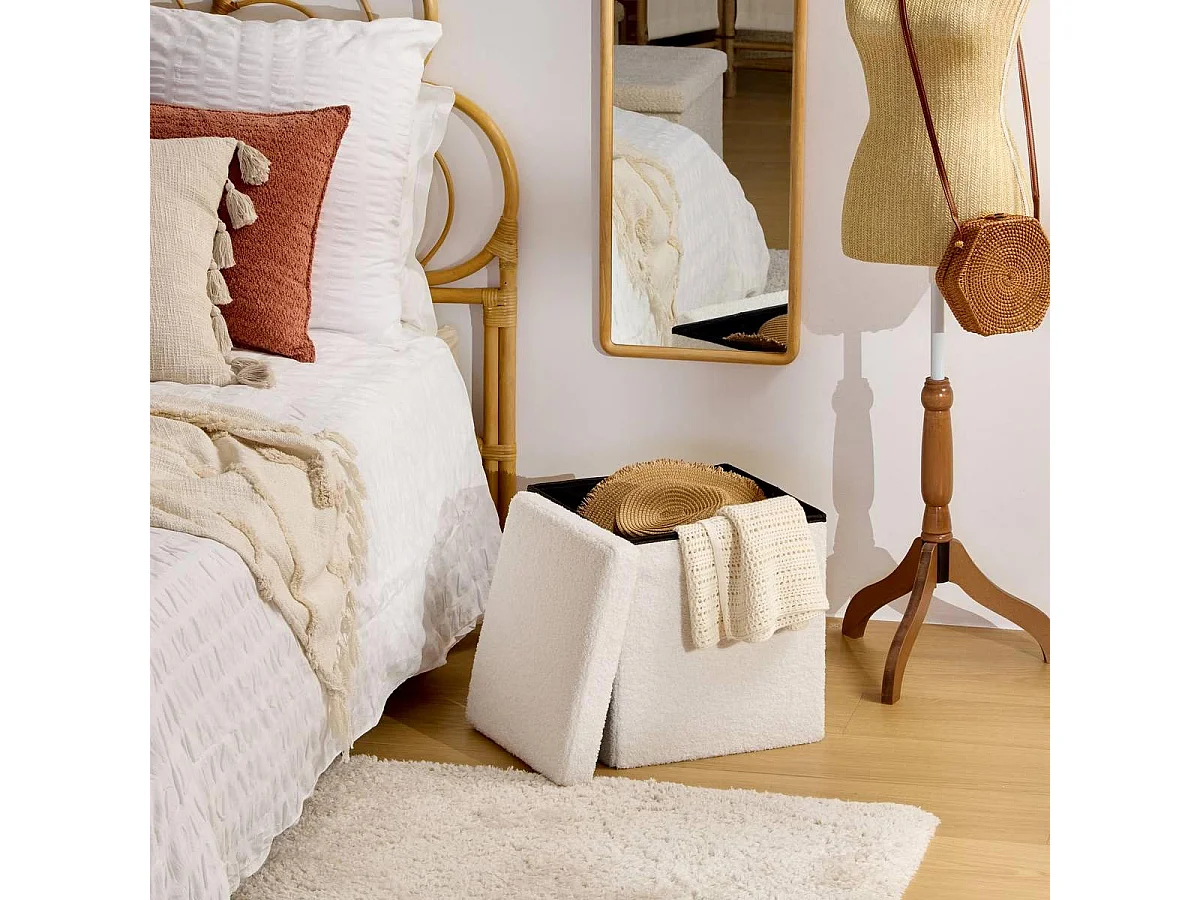Pouf Coffre Carré Bouclette "Jaiko" 38cm Blanc