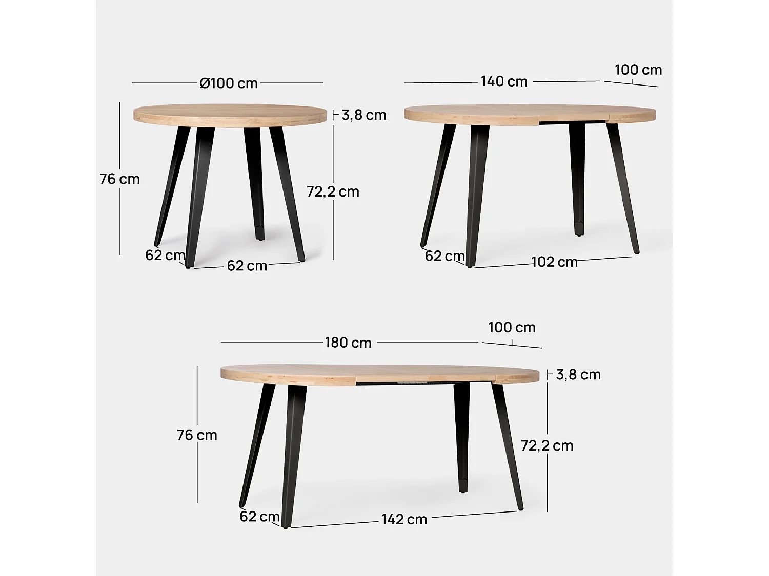 Table extensible en bois naturel 100/140/180x76 cm-Anhais