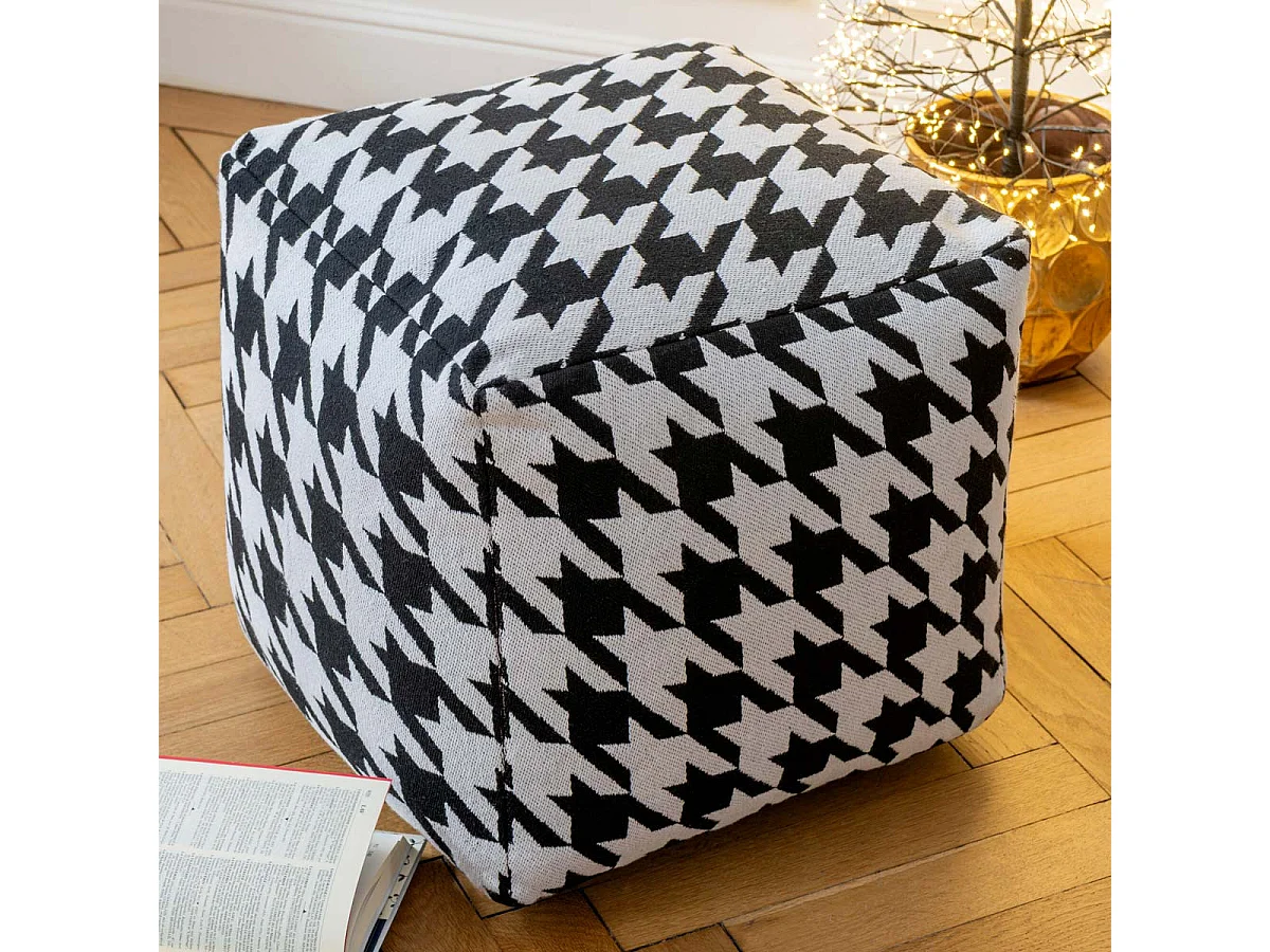Pouf Pied-de-Poule Large "Joshua" 45cm Noir & Blanc