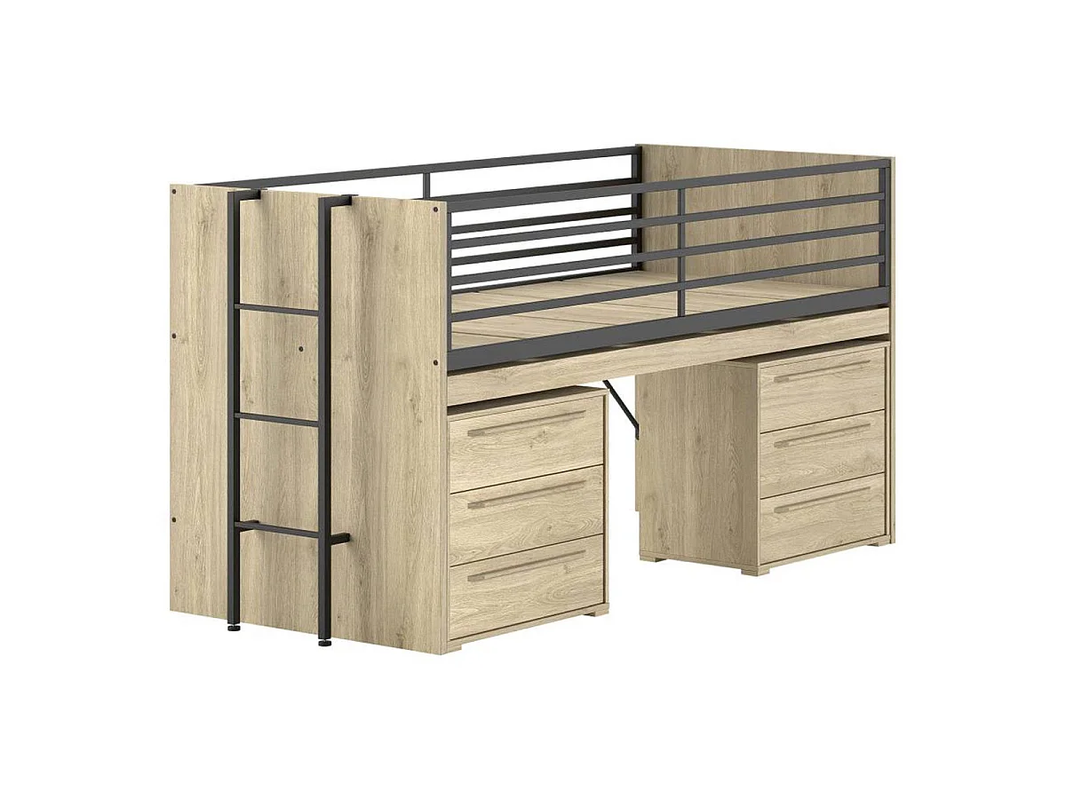 Pack - Lit Superposé & 2 Commodes à Tiroirs "Sam" 90x200cm Chêne