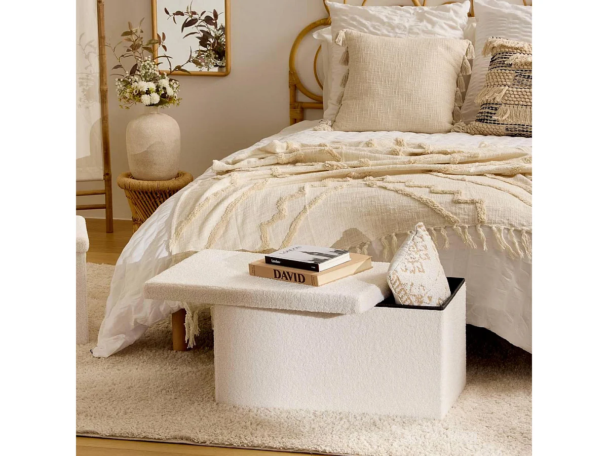 Pouf Coffre Double Bouclette "Jaiko" 76cm Blanc