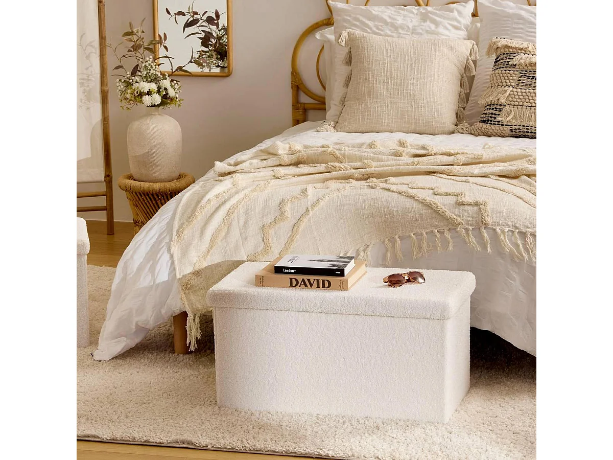 Pouf Coffre Double Bouclette "Jaiko" 76cm Blanc