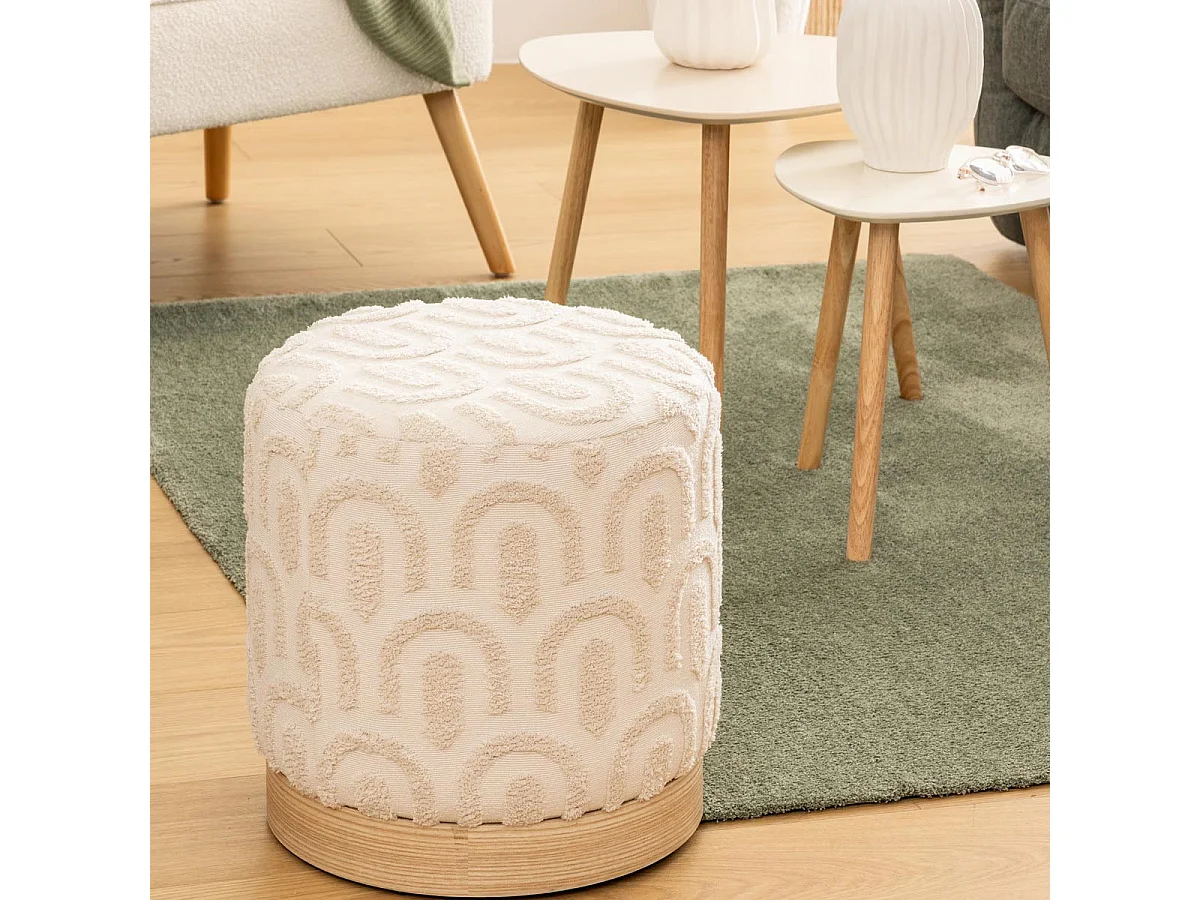 Pouf Motif Tufté "Copas" 38cm Blanc