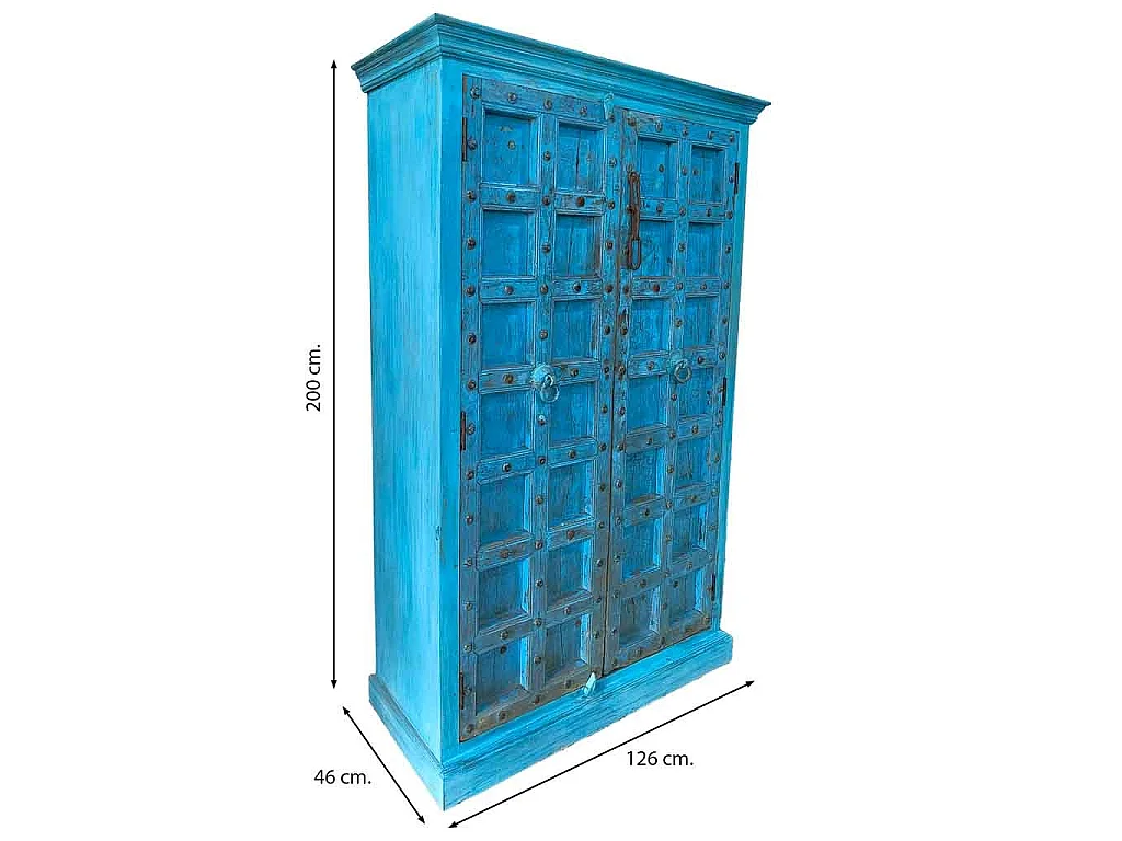 Armoire en bois artisanale bleue 126 x 46 x 200