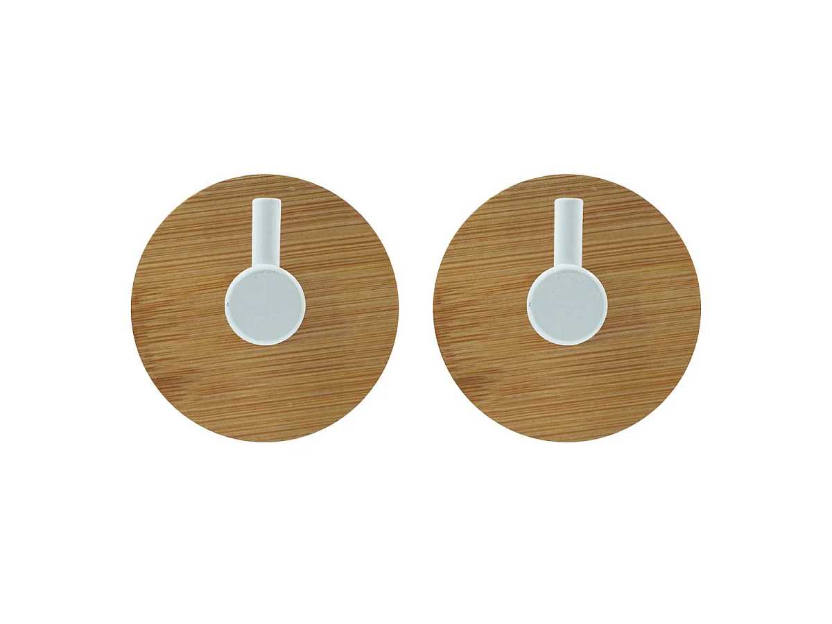 Lot de 2 Patères Adhésives en Bambou "Fixeo" 5cm Naturel & Blanc