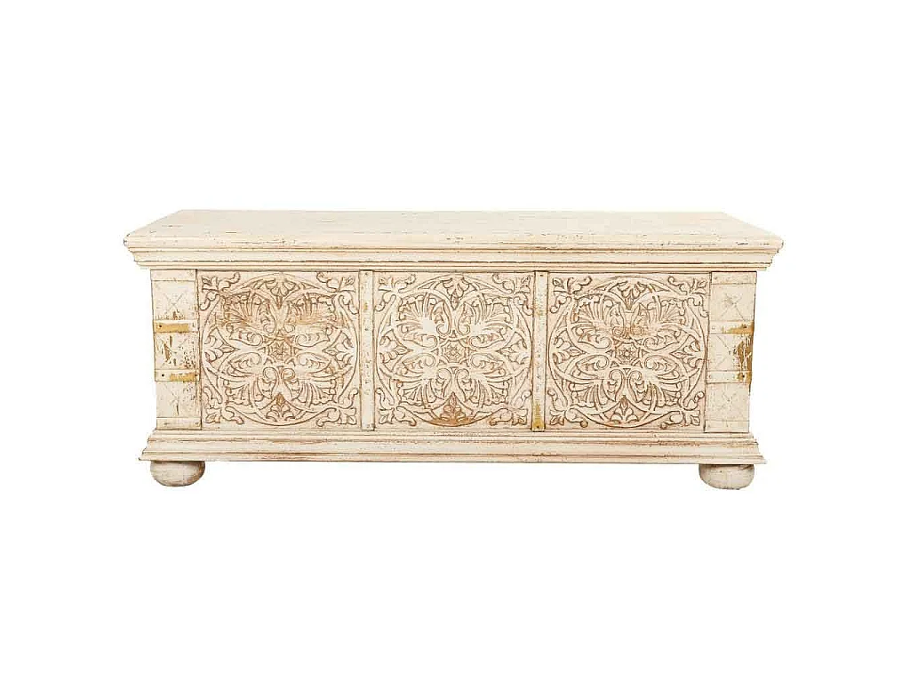 Baúl de madera tallada acabado artesanal beige 103x40x43h cm