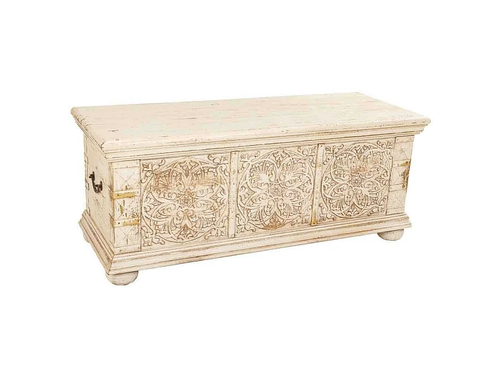 Baúl de madera tallada acabado artesanal beige 103x40x43h cm
