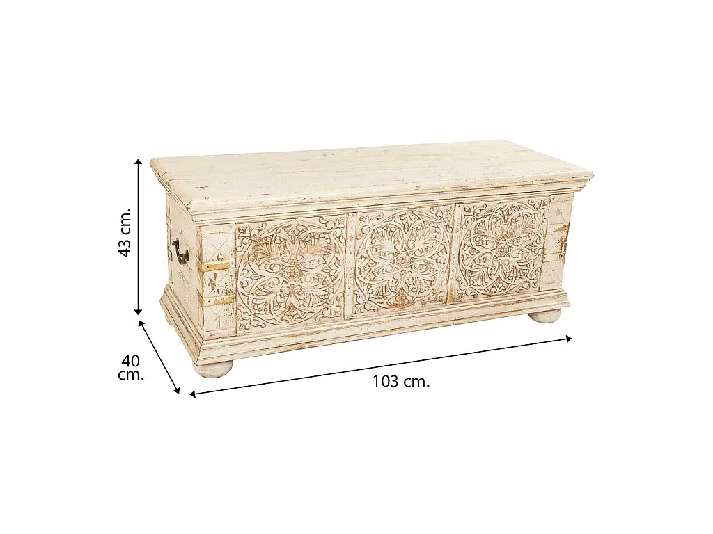 Baúl de madera tallada acabado artesanal beige 103x40x43h cm