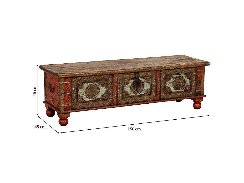 Coffre en bois rouge, fabriqué artisanalement, 150x45x46h cm