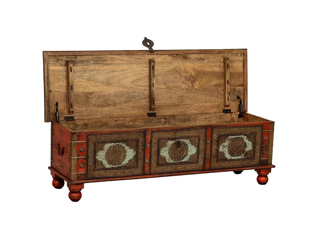 Coffre en bois rouge, fabriqué artisanalement, 150x45x46h cm