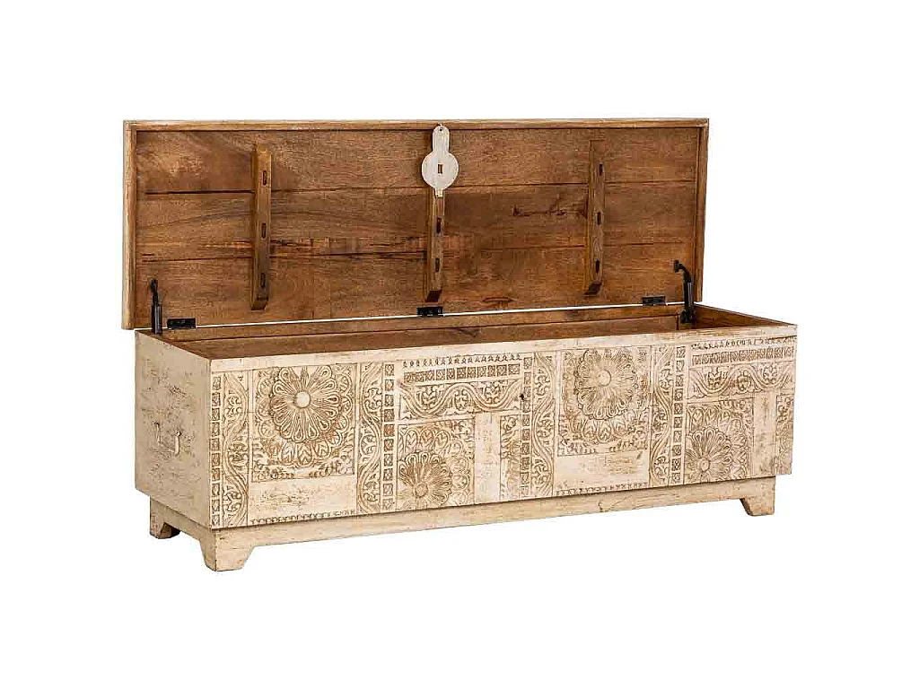 Coffre en bois artisanal blanc 150x45x46h cm