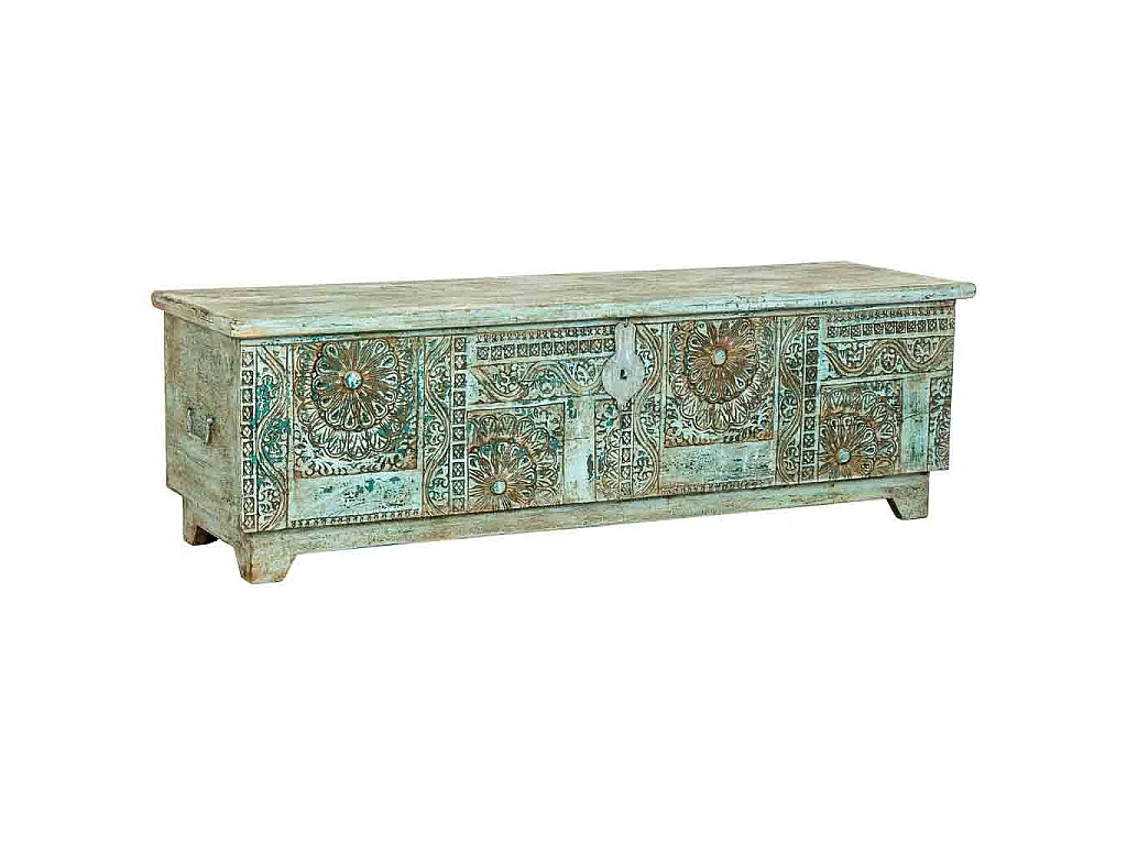 Coffre artisanal en bois bleu 150x45x46h cm