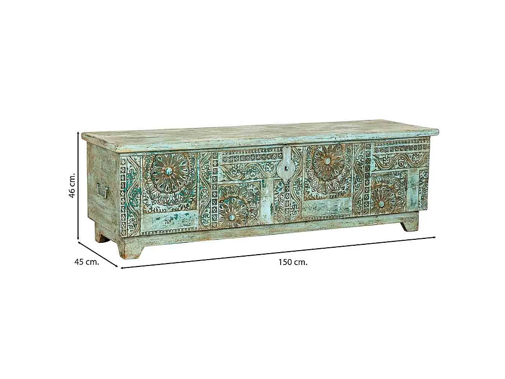 Coffre artisanal en bois bleu 150x45x46h cm