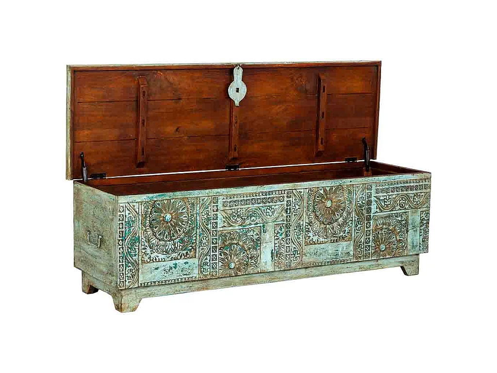 Coffre artisanal en bois bleu 150x45x46h cm