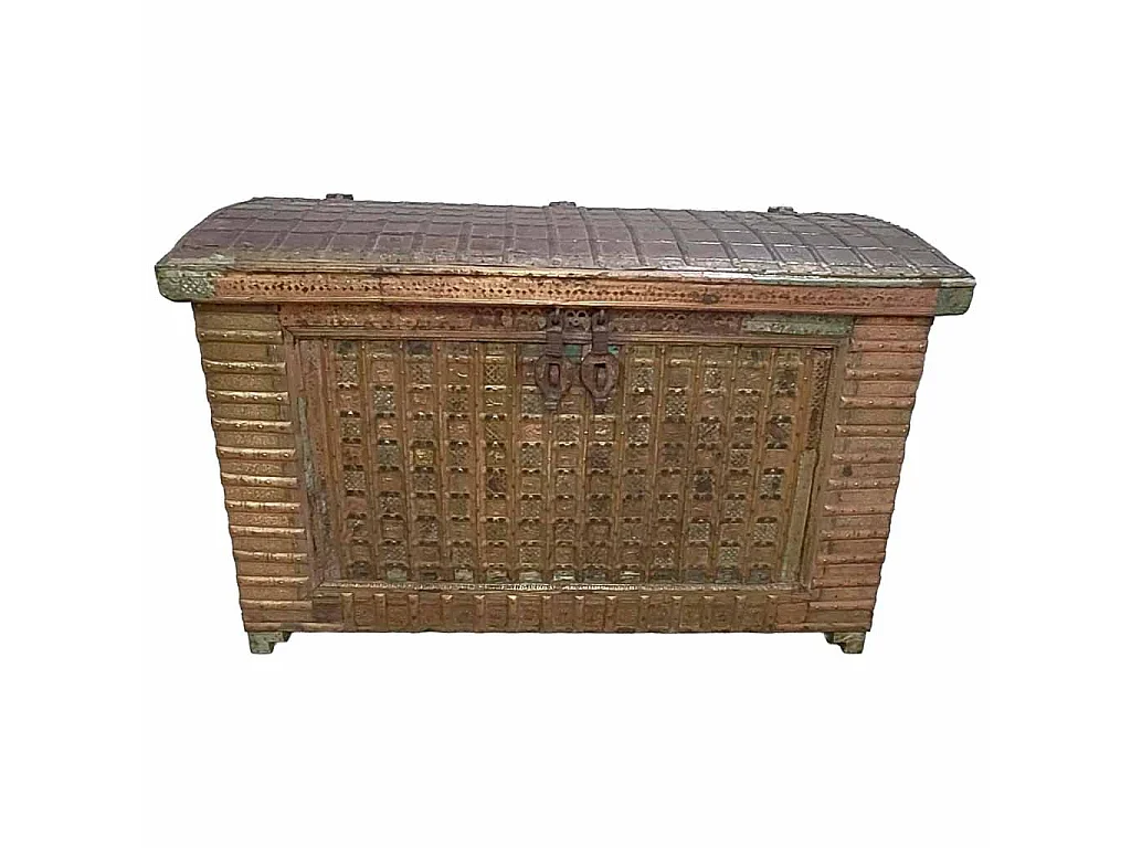 Coffre bois et métal, fini artisanal brun, 166x94x104h cm