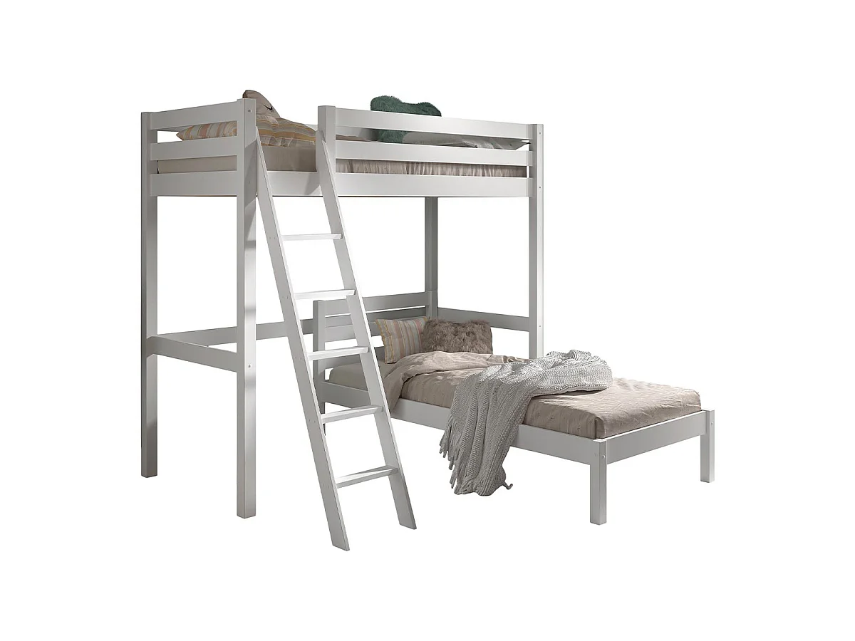 Pack - Lit Mezzanine, Lit Simple & Sommier "Pino" 90x200cm Blanc