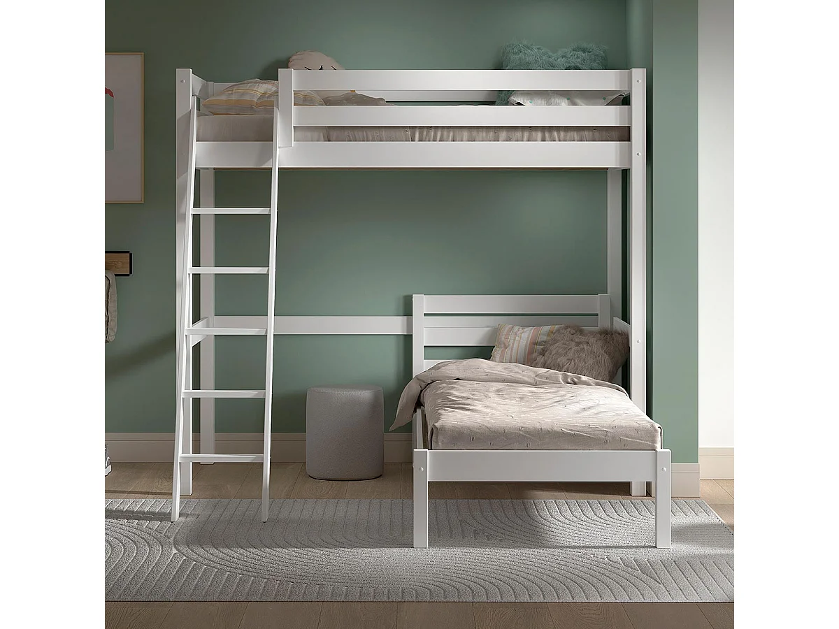 Pack - Lit Mezzanine, Lit Simple & Sommier "Pino" 90x200cm Blanc