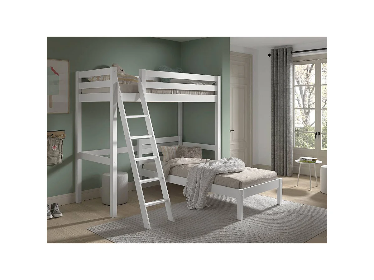 Pack - Lit Mezzanine, Lit Simple & Sommier "Pino" 90x200cm Blanc