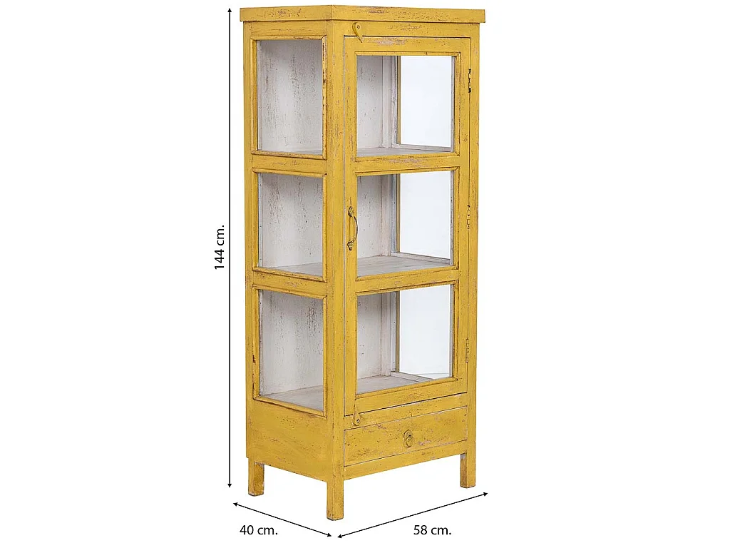 Vitrine bois artisanal jaune 58x39x140h cm